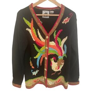 Vintage Storybook Knits Cardigan Black Rooster‎ Folkart Size Small GUC
